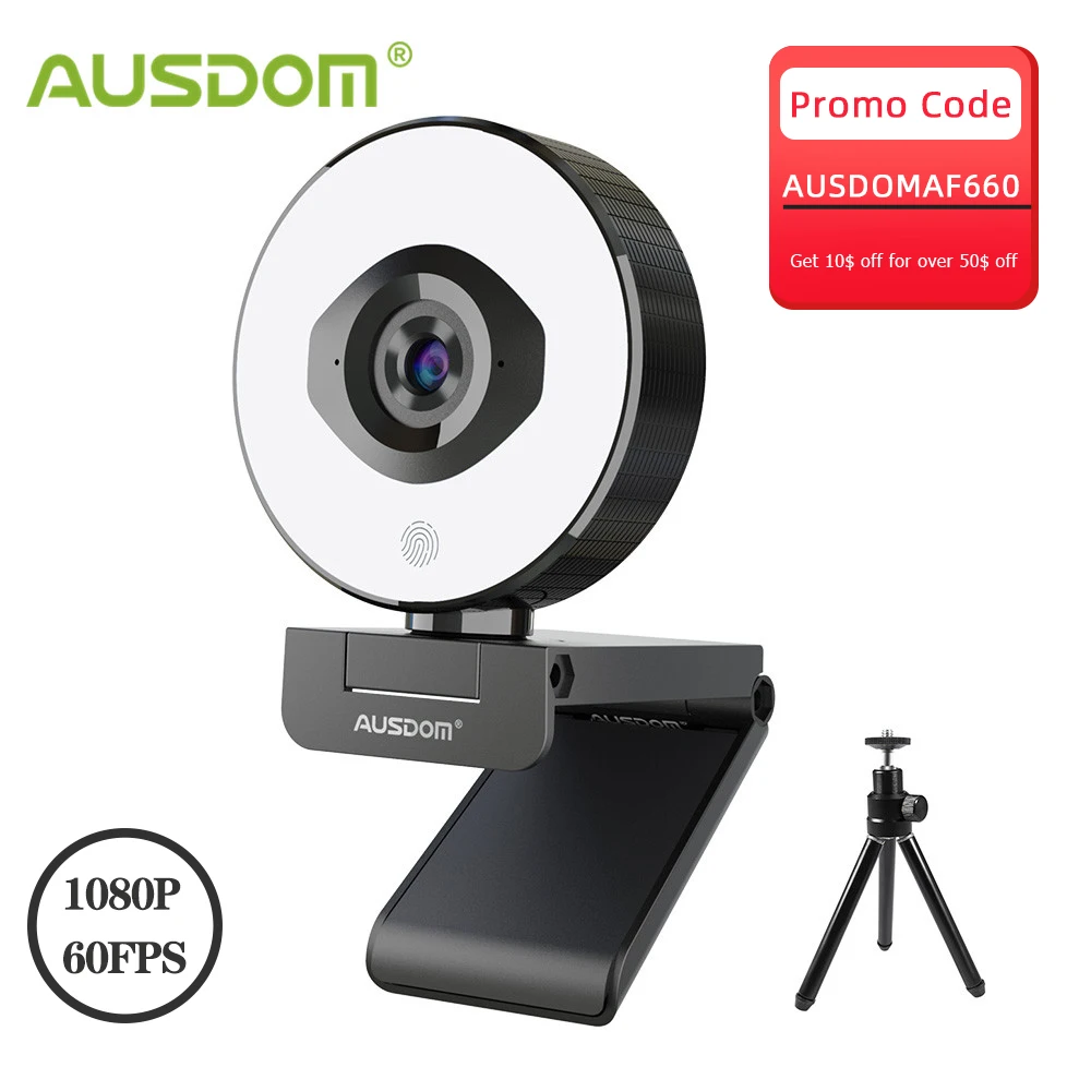 AUSDOM AF660 FHD 1080P 60FPS Webcam Autofocus 75 Degree Stream Cam With Adjustable Right Light Free Tripod For Live Streaming