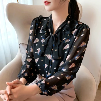 

COIGARSAM Print Chiffon Loose blouse women New Spring Bow Belt blusas womens tops and blouses Black 845