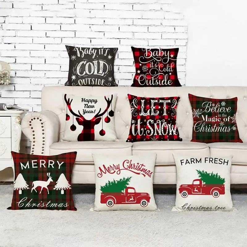 New Year Christmas Gift Santa Claus Elk Car Cushion Linen Pillow Cushion 45*45 cm Pillow Case Sofa Car Cushion Home Decor