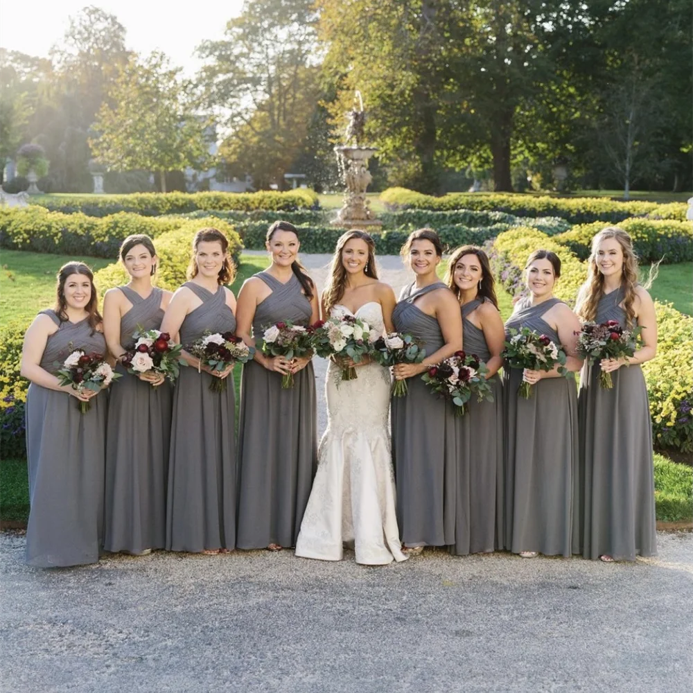 Vestido de dama de honor gris oscuro, línea A, Halter, sin mangas, entrecruzado, hasta el suelo Formal, boda, noche, fiesta, hecho a para dama de honor| -