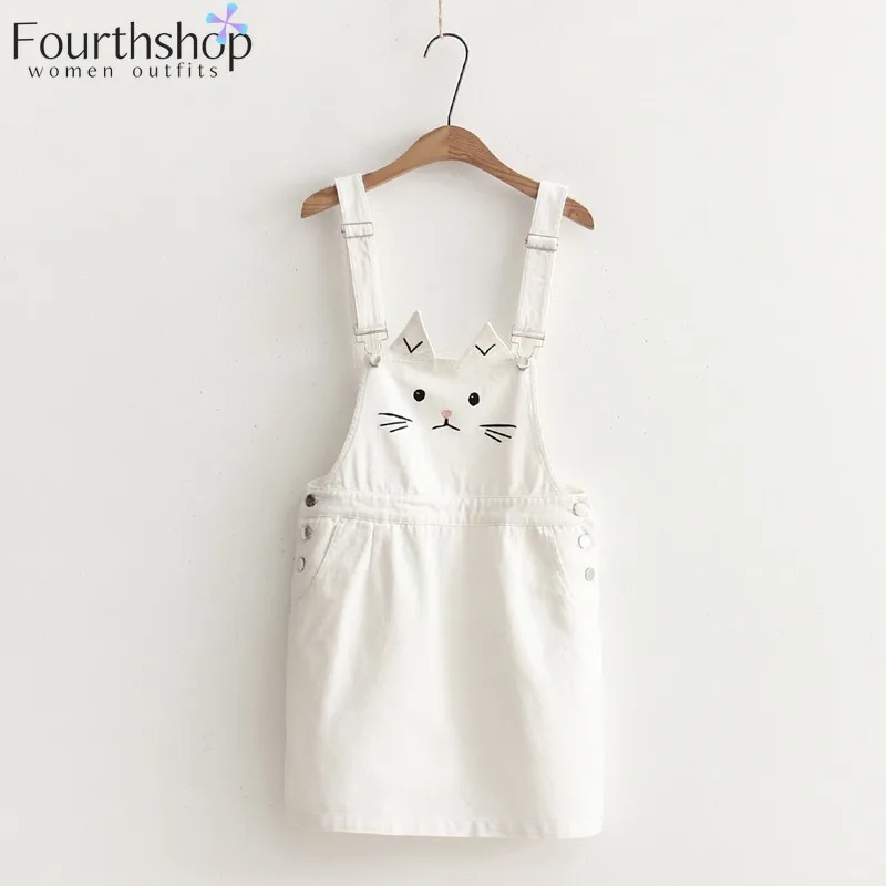 2021 Summer Suspender Denim Dress Women Strap Sundress Cartoon Kawaii Cute Cat Embroidery Japan Style Mori Girl Jeans Dresses | Женская