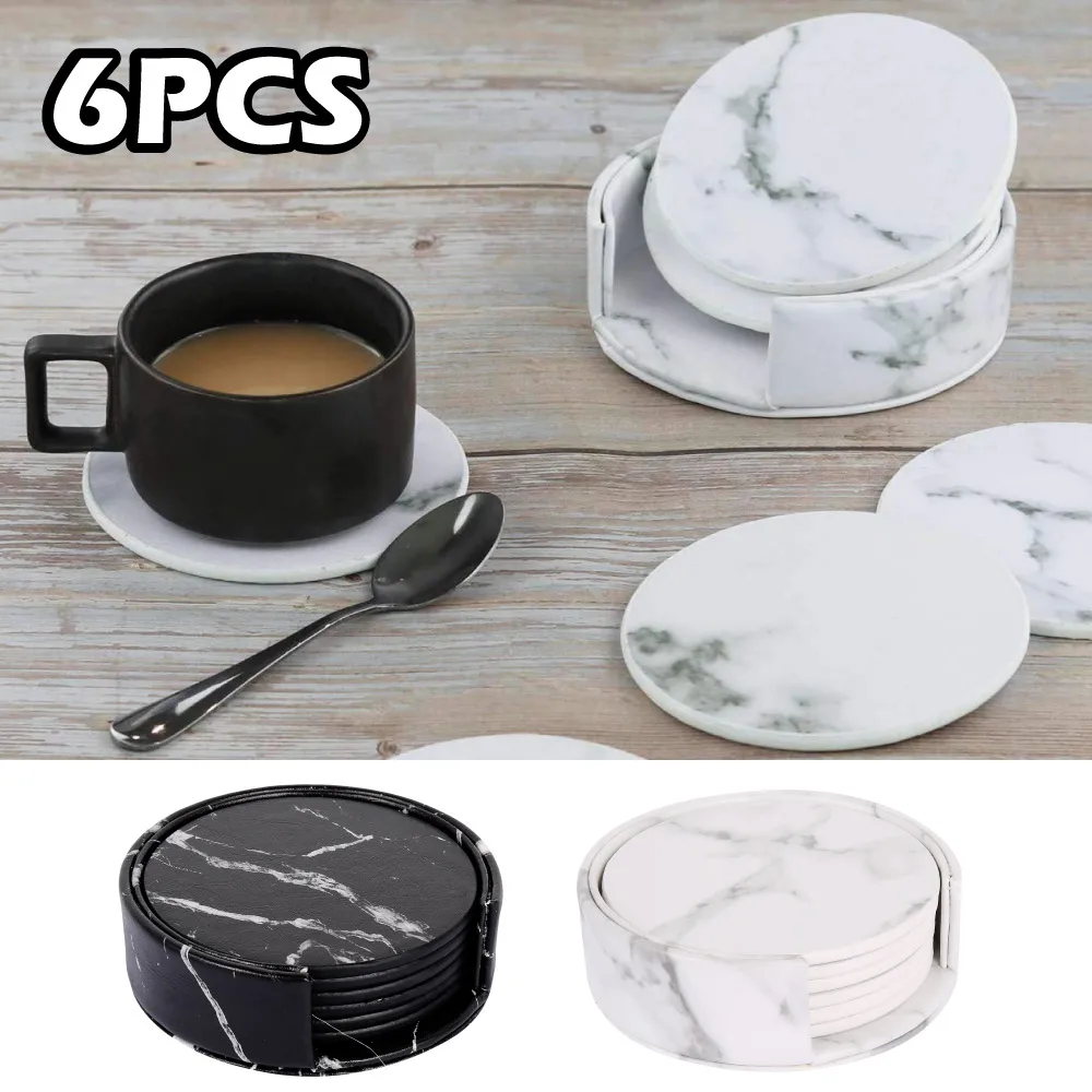 

6PCS Creative PU Leather Marble Coaster Drink Coffee Cup Mat Tea Pad Dining Table Placemats Table Black White Chic Decoration