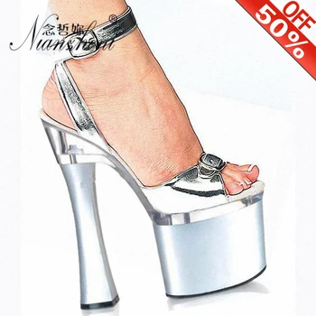 

Fashion 8 Inch Women Peep Toe Sexy Sandals Steel Silver Buckle Ankle Strap Women Platform Spool High Heels Dancing Dance Shoes