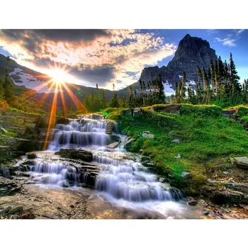 

5D Diy Diamond Painting Cross Stitch Mountain Waterfall Scenery Needlework Set Embroidery Sunrise Landscape Diamond Mosaic