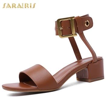 

Sarairis New Fashion 2020 Large Size 43 Cow Leather Square Heels Summer Sandals Woman Shoes Buckle Strap Concise Shoes Women