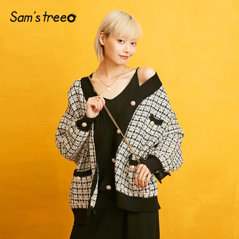 ^Cheap SAM'S TREE Plaid Button Brit Graphics Cardigan Sweater Women 2019 Winter Drop Shoulder Sleeve Knitted Casual Office Ladies Tops
