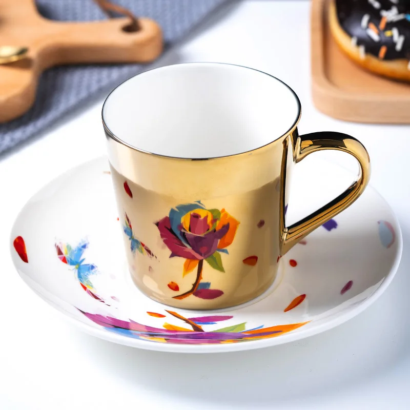 

250ML Specular reflection Teacups set English afternoon tea cup set Ceramic cups and saucers spoon Gold Coffee Mug