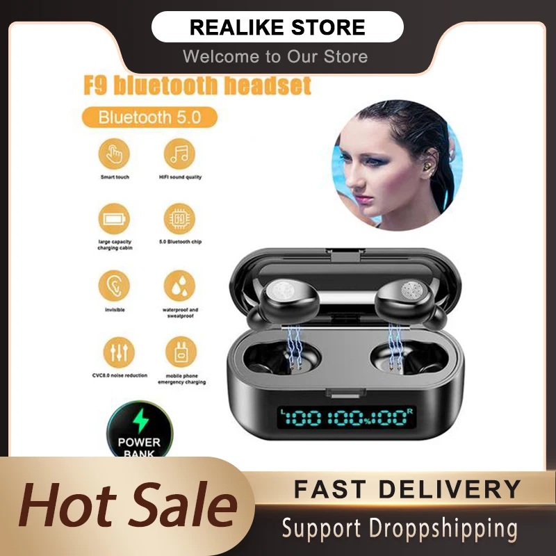 F9 Wireless Headphones 3000mAh Charging Box TWS Bluetooth 5.0 Earphone Mini HD Call In-ear Earbuds HIFI Sports Running Headset