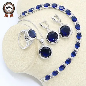 

Round Dark Blue Semi-precious Silver Color Jewelry Set for Women Bracelet Earrings Necklace Pendant Ring Gift Box
