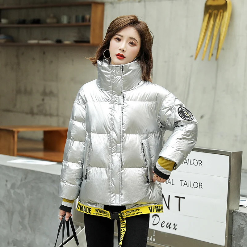

Winter Coat Women Fashion Epaulet Short Glossy Parka Coat 2020 New Warm Winter Jacket Women Casual Stand Collar Parka Female