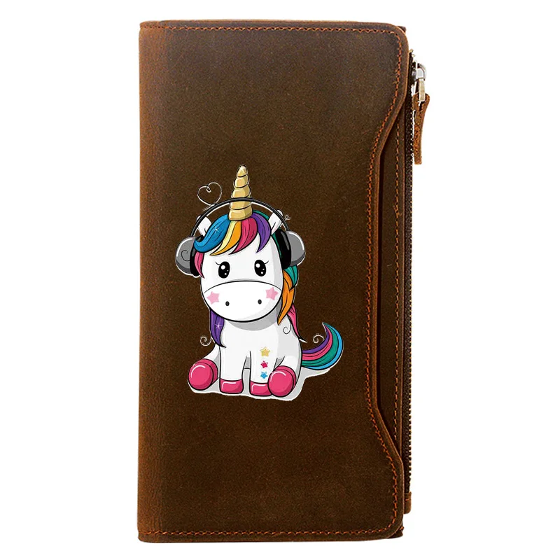 

Fashion Cute Unicorn Printing Genuine Leather Wallet Men Long Purse With Phone Bag Zipper Card Holder High Quality Clutch