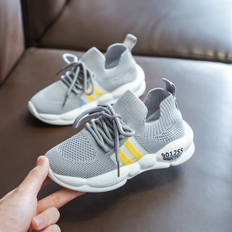 children's sports shoes autumn new Korean boys running shoes flying weaving breathable girls travel shoes basket sneakers - Цвет: Серый