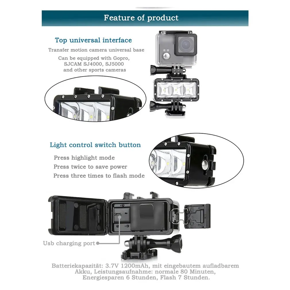 Свет 40 м Водонепроницаемая вспышка погружение со светодиодным светом 300Lm для Gopro Hero 7 6 5 Аксессуары для экшн-видеокамер
