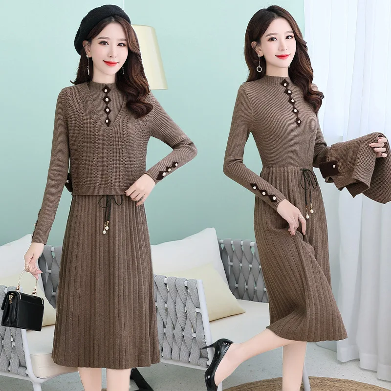

Autumn & Winter Two-Piece Set Long over-the-Knee Jersey Dress Women's 2019 New Style with Overcoat of Base Sweater Dress