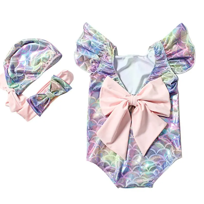 

Children's Cute Swimsuit Fish Scale Print Gradient Color Bow Sleeveless Bodysuit Hat Hair Band Girls Swimwear New