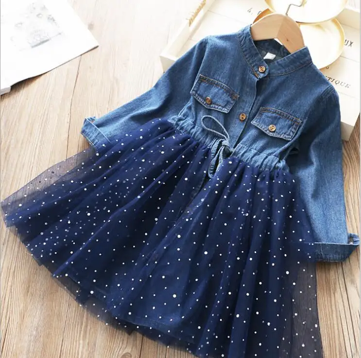 2020 Spring New Children Baby Jean Dot Mesh Dresses Girls Princess Fashion Sweet Clothes 5 pcs/lot Wholesale | Детская одежда и