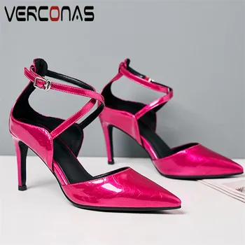 

VERCONAS Women Lace Up Popular Buckle Genuine Leather Office Pumps Pointed Toe Thin Heels High Heeled Sandals Shoes Woman
