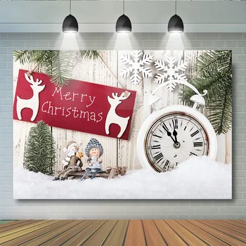 

Merry Christmas Tree Photography Backdrop Toys Party Wood Photo Background Clock Reindeer Background