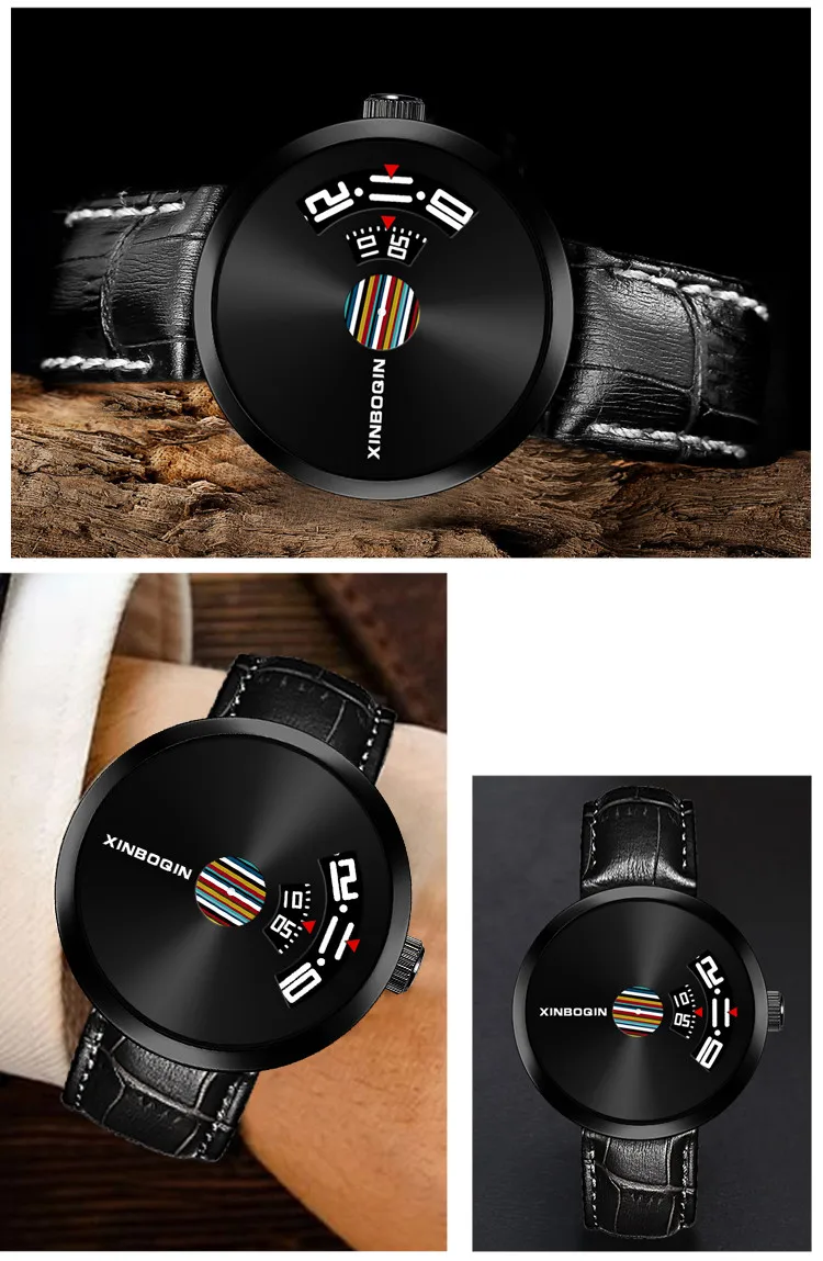 Брендовые новые дизайнерские часы без указателей для мужчин креативные Кварцевые водонепроницаемые часы из натуральной кожи радужные