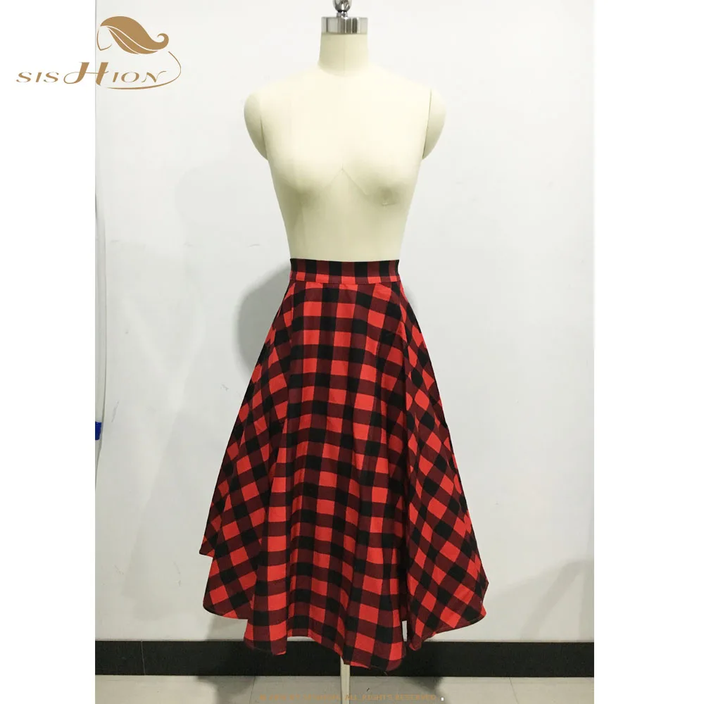 BlackRed SISHION зимняя новая длинная юбка SS0006 женская желтая черная синяя красная клетчатая юбка 50s 60s винтажные юбки faldas - Цвет: BlackRed