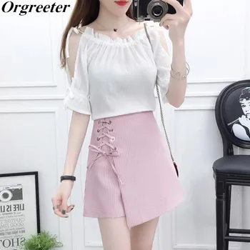 

Women 2 piece set Off shoulder Ruffles Rched Chiffon Shirt and Lace up Plaid Irregular Culottes Sets 2020 Summer New Outfits