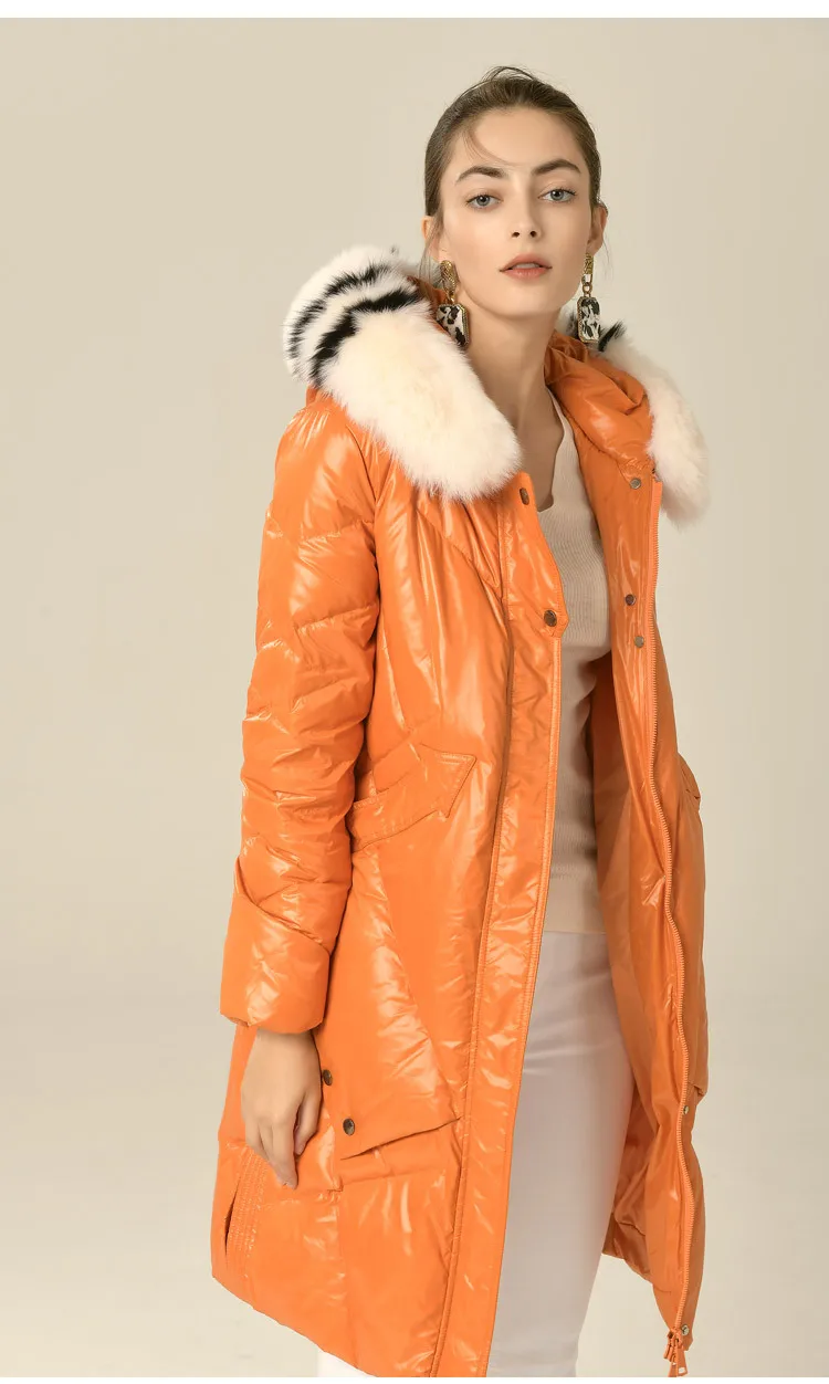 Shuchan 90% White Goose Down Autumn Winter Coats and Jackets Women Jacket Long Womens Down Coats with Real Fox Fur Orange