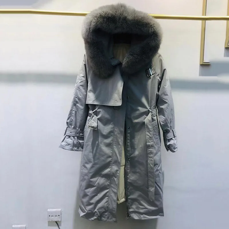 GBYXTY, длинный пуховик, пальто,, зима, для женщин, большой Лисий мех, с капюшоном, толстый пояс, утиный пух, куртка, перо, ветровка, парка, ZA1755 - Color: Blue