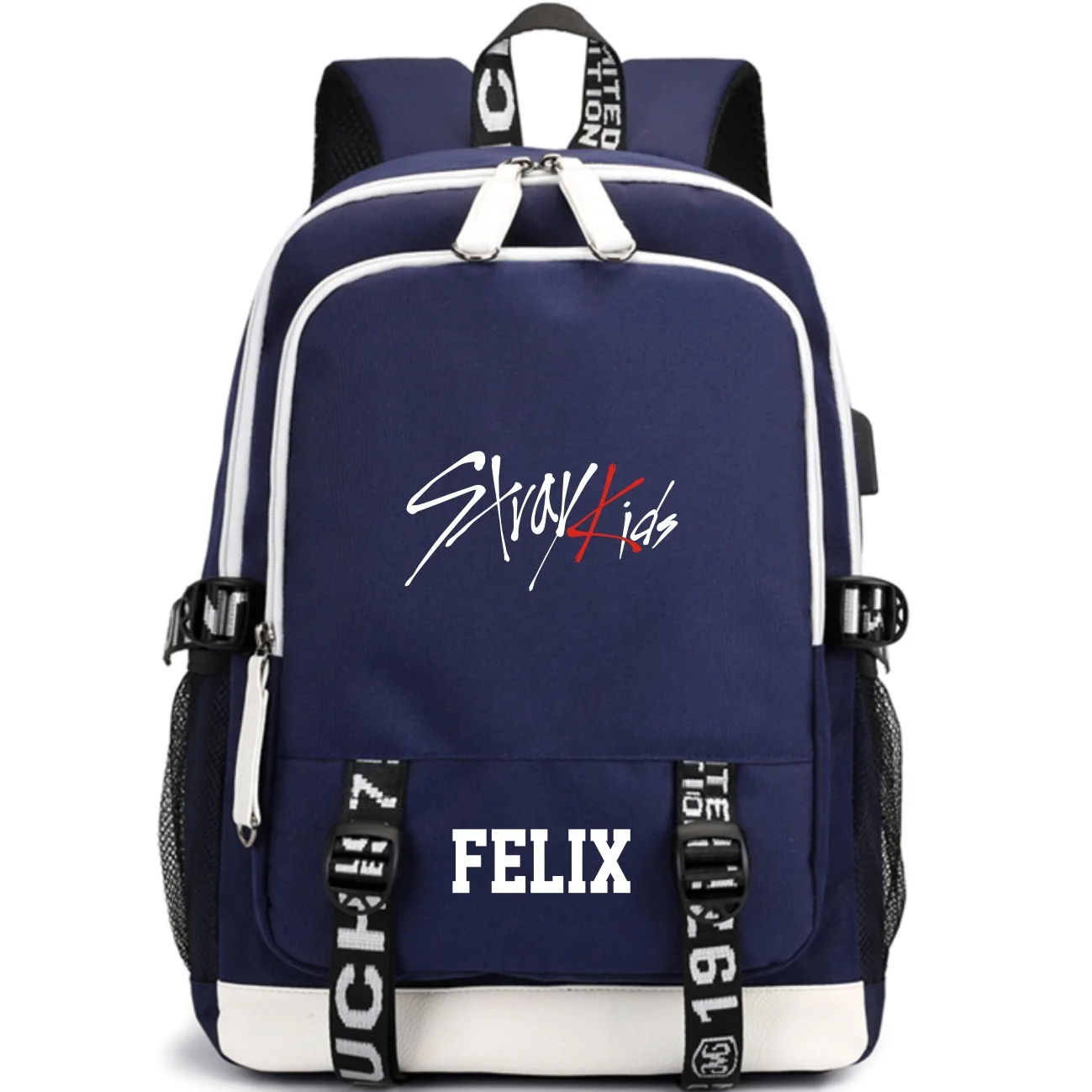 Модный Kpop рюкзак высокого качества Многофункциональный USB наушники с зарядным устройством Джек рюкзак большой емкости Kpop школьный - Цвет: Felix Blue