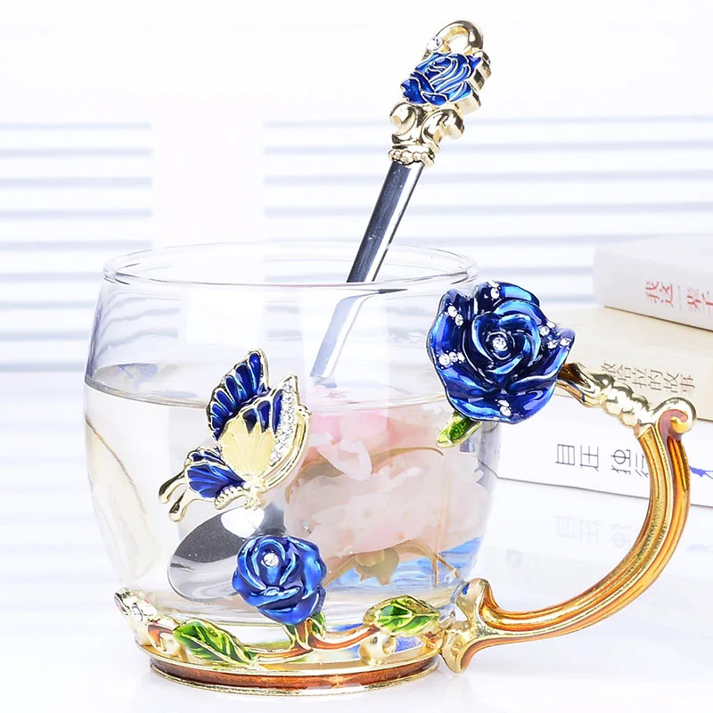 Flower Enamel Crystal Tea Cup, Glass Coffee Mug, Glass Tumbler, Butterfly  Painted Flower Water Cups, Clear Glass With Lid And Spoon, Gift Set - Temu