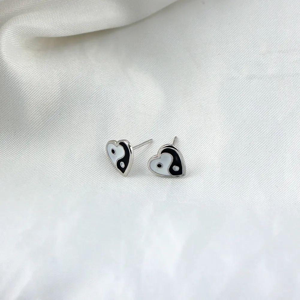 Flatfoosie Minimalist Yin Yang Drop Glazed Stud Earrings For Women Silver Color Heart Geometric Earrings Fashion Jewelry Gift