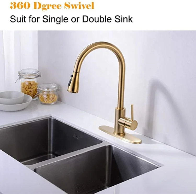 Brushed gold Hot Sale Deck Mounted SUS304 Stainless Steel Single Handle Pull Out Down Mixer Taps Sink Gold Kitchen Faucet