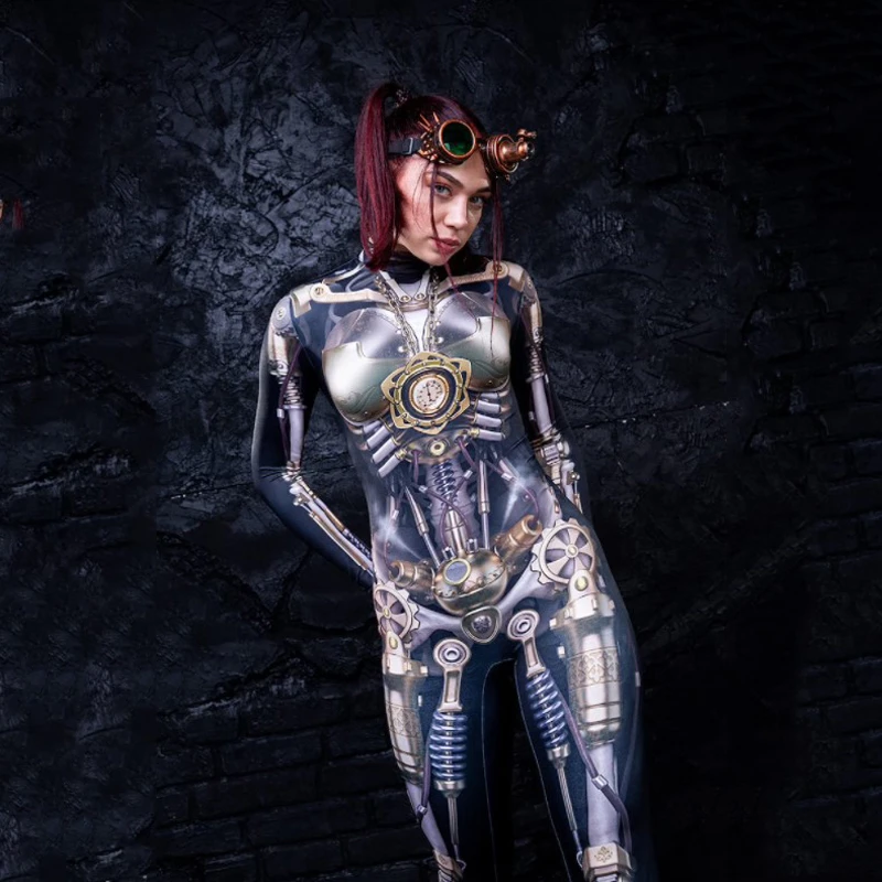 New Female Halloween Scary Future Technology Style Robot Skeleton Bone Print Jumpsuit Sexy Long Sleeved Women Slim Tight Costume