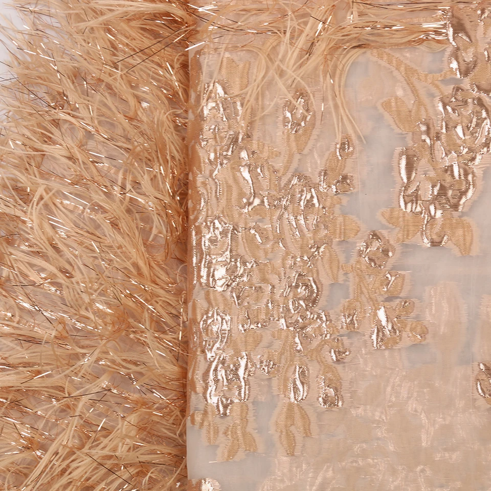 2020 Latest New Arrivals Africa Nigerian French Ankara Jacquard Brocade Tulle Mesh Brode Lace Fabric with Feather for Wedding