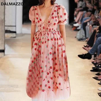 

Print Strawberry Sequins Women V Neck Puff Sleeve HolidayLong Dress 2020 Summer Design Lady Mesh Embroidery Runway Dresses Mujer