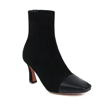 

2021 new Square Toe Ankle Boots Autumn Winter Zipper Women Shoes PU Leather + Stretch Flock Square Heel Short Boots Size34-43