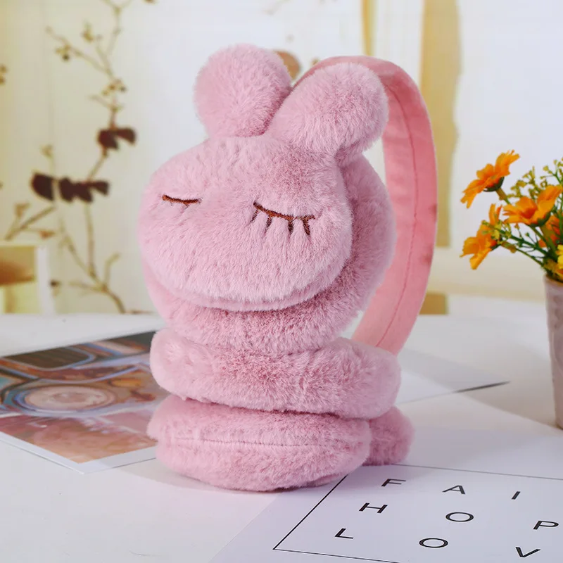 New plush children's earmuffs Warm earmuffs winter cute creative rabbit ear warmer ear bag - Цвет: Thick pink