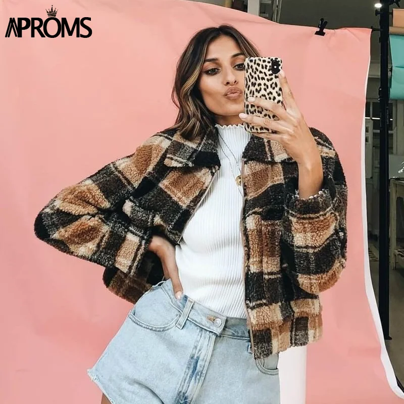 discount Aproms Vintage Brown Plaid Trucker Jacket Women Winter Warm Teddy Basic Cropped Coat Female Autumn