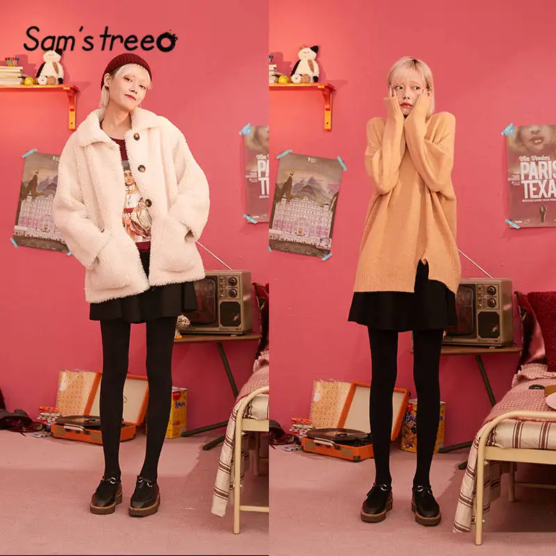 SAM'S TREE/черные однотонные элегантные шерстяные вязаные короткие женские юбки зима синий цветочный корейский стиль офисные женские базовые юбки