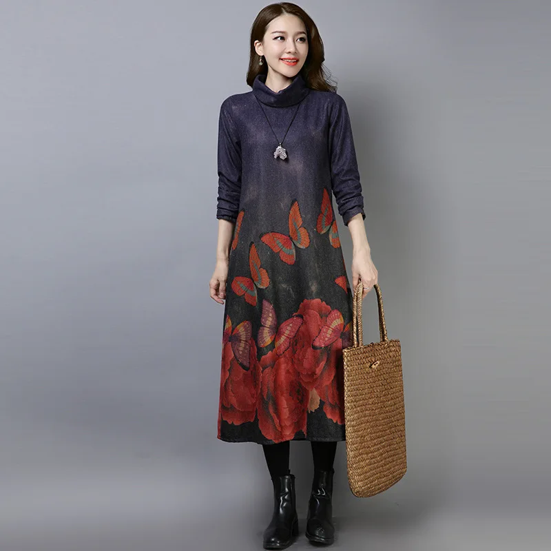 

2019 Winter New Style Retro Thick Elegant Large Size Dress Mid-length Ethnic-Style Woolen Dress Women's High Collar