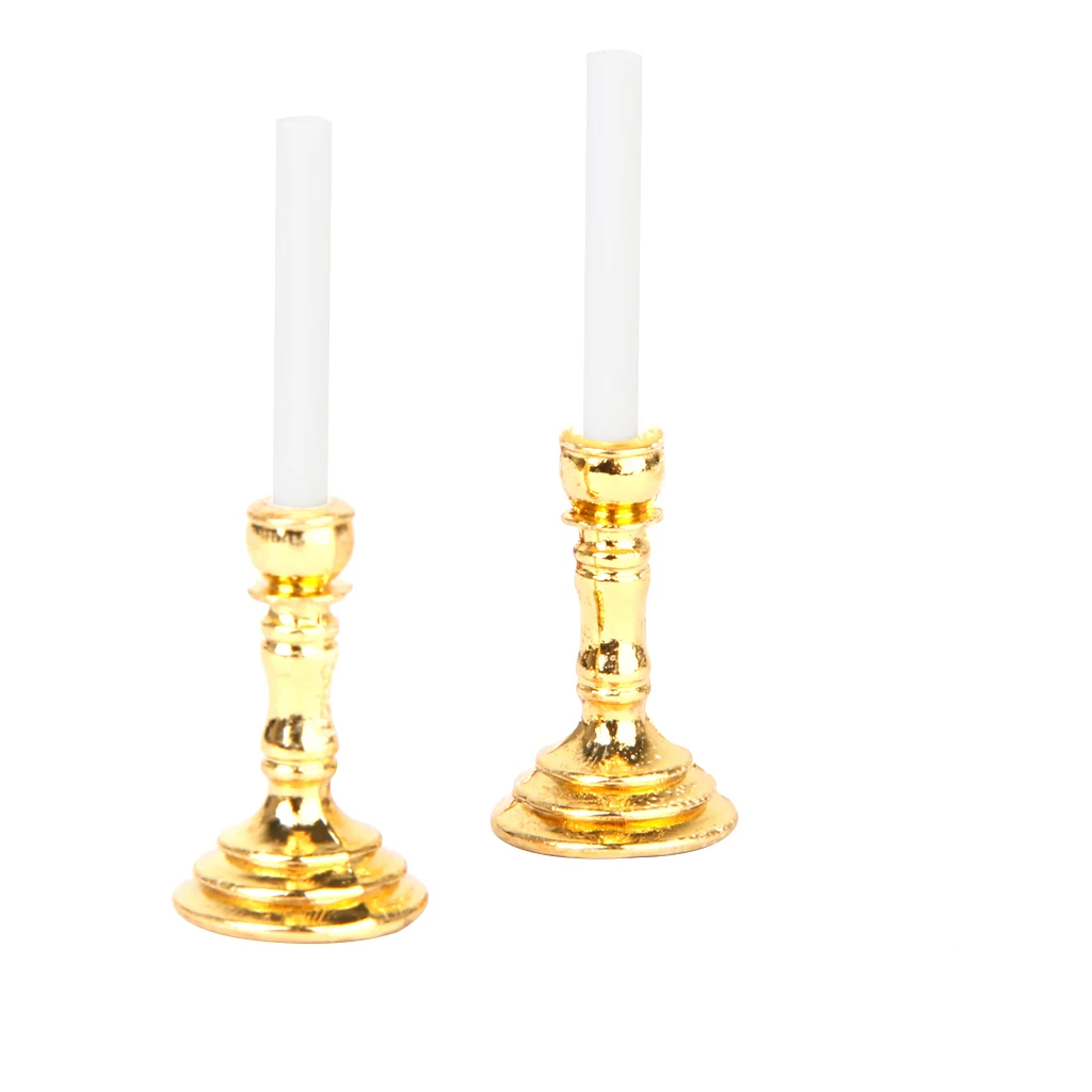 Dollhouse Miniature Brass Metal Candlesticks White Candles Vintage 3.5cm