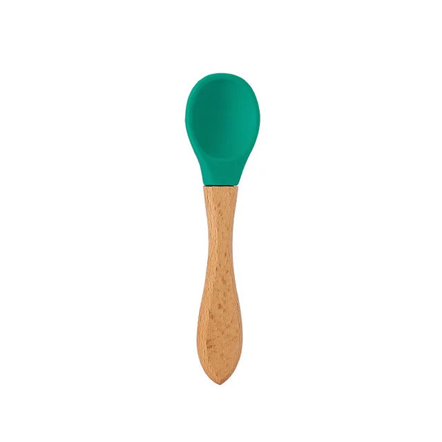 Silicone Baby Feeding Bowl Spoon Kids Tableware Baby Accessories Silicone Plate Spill-Proof Suction Children Self Feeding Dishes Spoon Deep Green