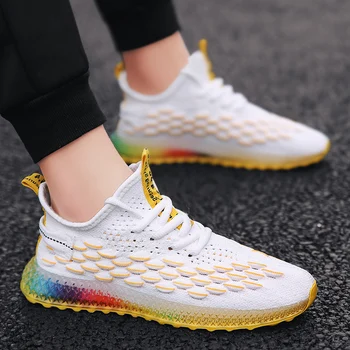 

Summer Fish Scale Pattern Breathable Men's Shoes Fly Woven Man Sneakers Sports Running Shoes Rainbow Bottom Male Walking Shoes