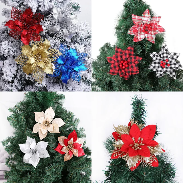 14cm Artificial Christmas Flowers Gold Silver Red Artificial  