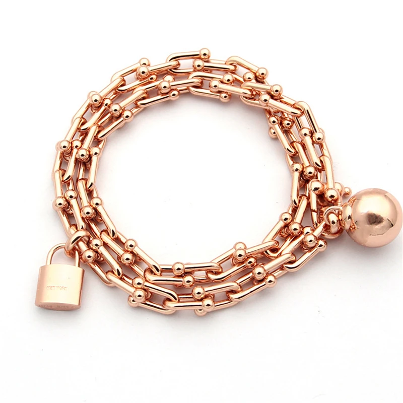 

316l Titanium Stainless Steel U Double Chain Lock Ball Bracelet 18k/Rose Gold/Silver Platinum Plated Women Luxury 2 Layer Bangle