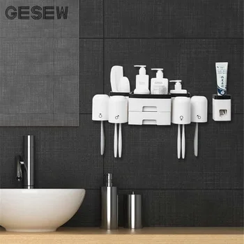 

GESEW Toothbrush Holder Punch Free Wall-mounted Toothpaste Organizer Bathroom Storage Rack Toothbrush Case Bathroom Accessories