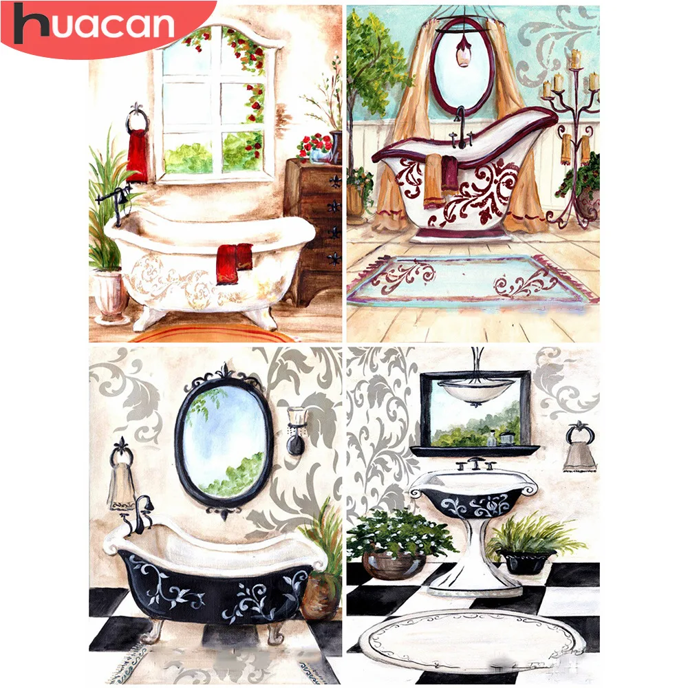 HUACAN 5D алмазная вышивка ванная комната пейзаж алмазная мазайка декор для дома