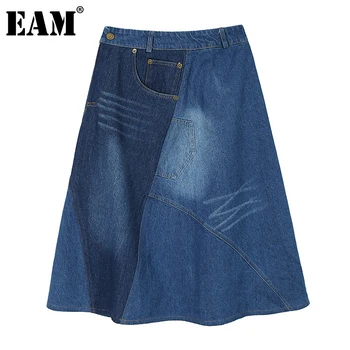 

[EAM] High Elastic Waist Blue Denim Irregular Stitch Temperament Half-body Skirt Women Fashion Tide New Spring Autumn 2020 1Z649