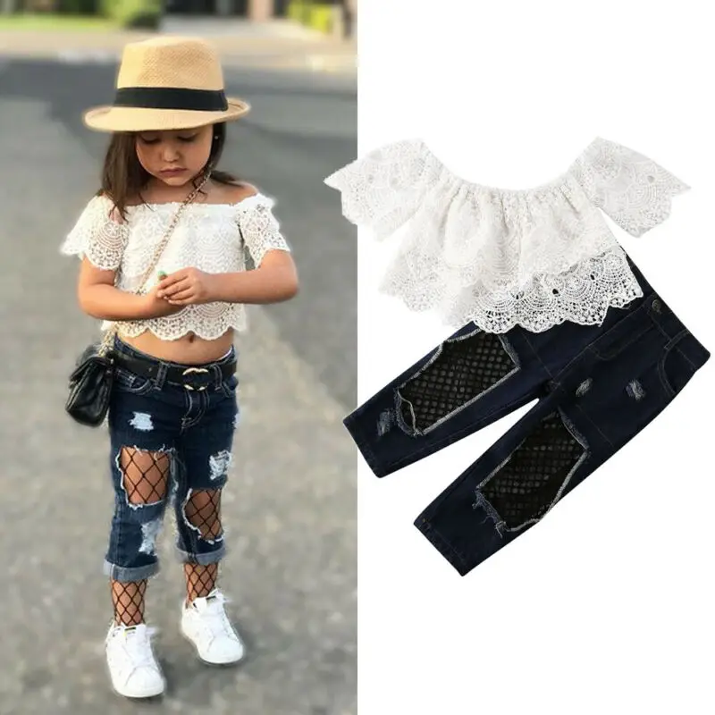  2-7Y Toddler Kids Baby Girl Clothes Sets Short Sleeve Off Shoulder Lace Tops+Jeans Pants 2PCS Outfi