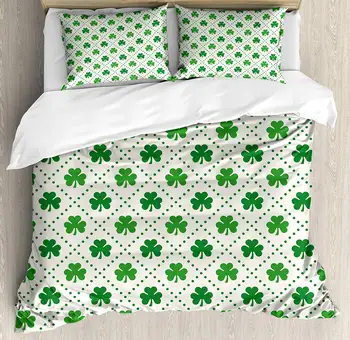 

Irish Duvet Cover Set 4 Leaf Shamrock Clover Flowers with Dotted Dashed Lines National Culture Decorative 3 Piece Bedding Set