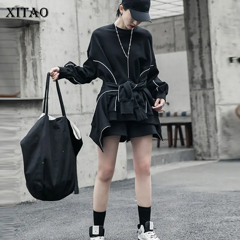 

XITAO Black Women Two Piece Set Full Sleeve Women 2020 Spring Top Elastic Waist Loose Shirt Minority Goddess Fan Casual DMY3289